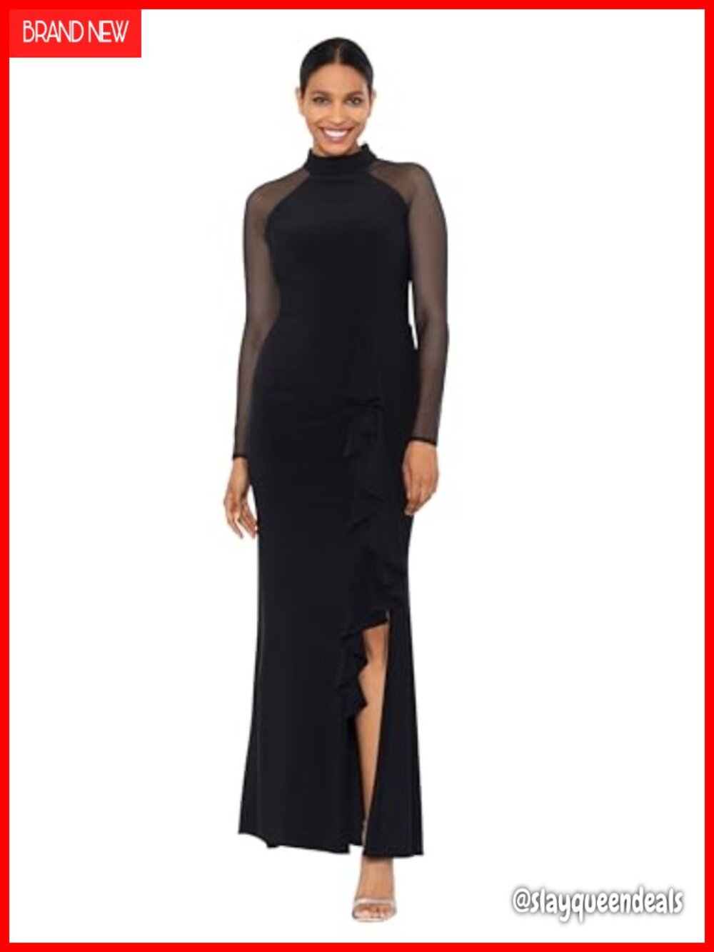 Floor Length Sheer Long Sleeve High Neck Ruffle Formal Gown